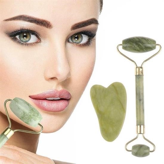 BUFFER® Çift Taraflı 2li Cilt Yüz Masaj Aleti Jade Roller Yeşim Taşı Seti