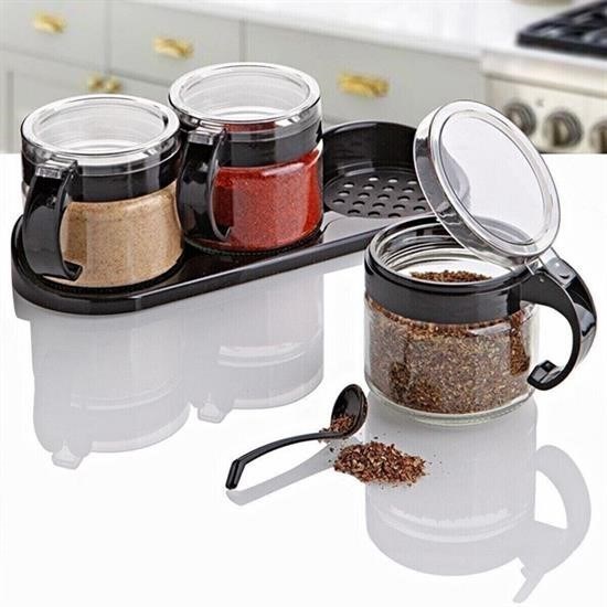 BUFFER® Siyah 3lü Standlı Kapaklı Kaşıklı Cam Hava Sızdırmaz Baharatlık Takımı KC-386
