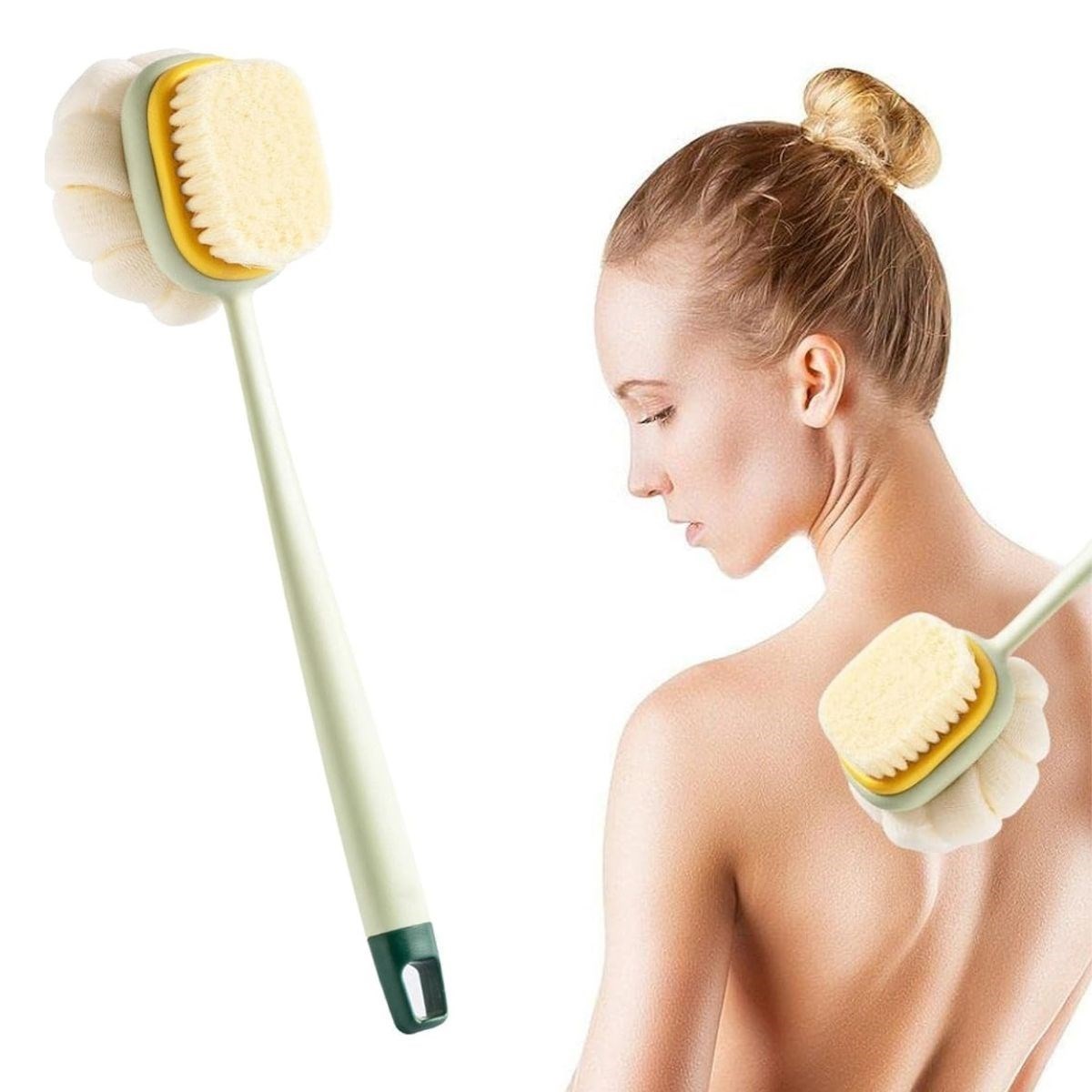 BUFFER® 2'si 1 Arada Çift Taraflı Uzun Saplı Fırçalı Banyo Vücut Sırt Fırçası Banyo Lifi